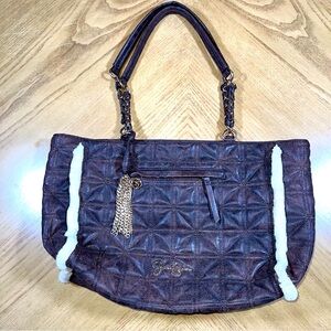 Jessica Simpson Brown Nordia Quilted Faux Fir Trim Bag Purse